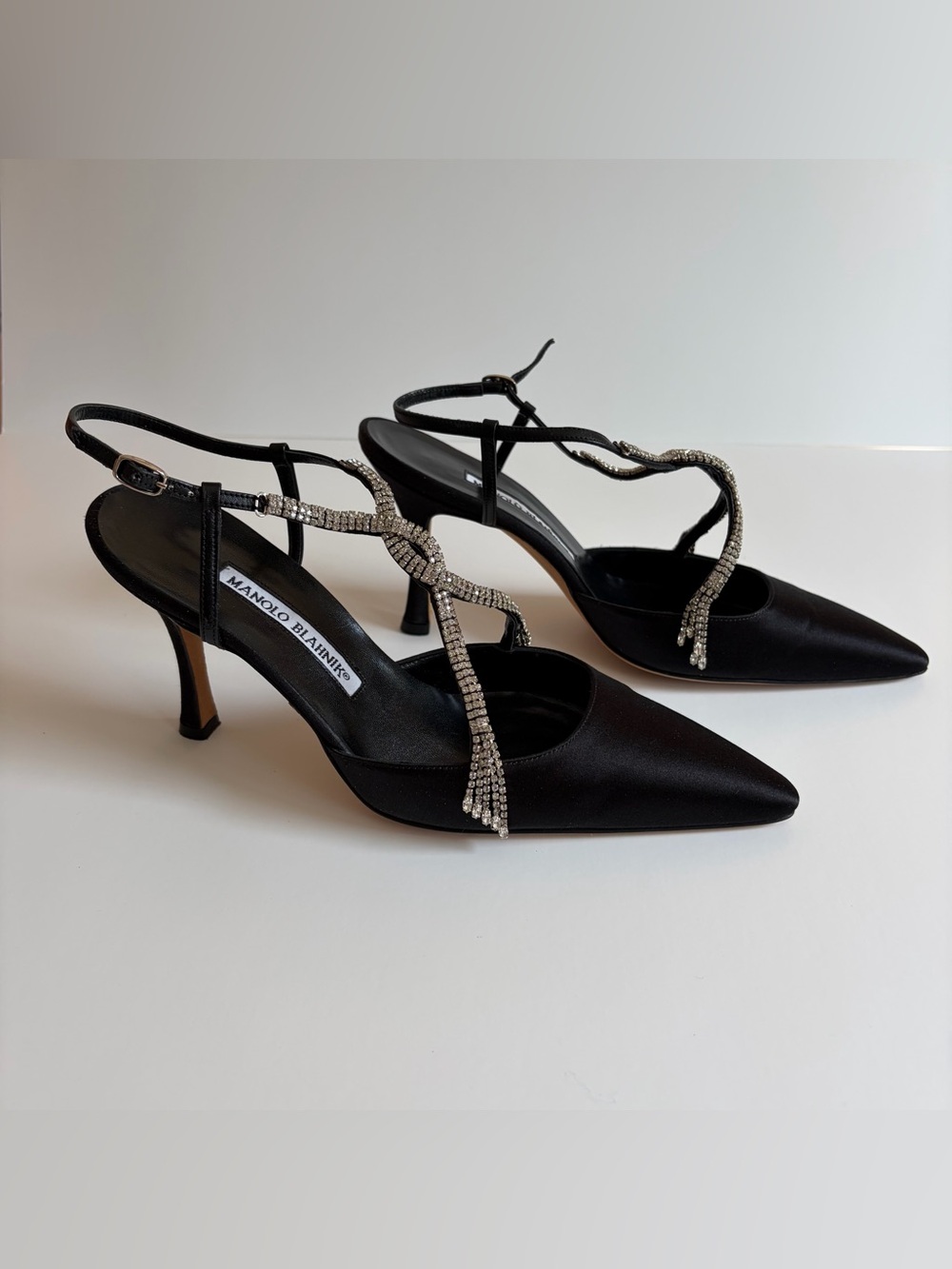 Manolo Blahnik Black Satin Rhinestone-Trim Slingback Pumps New